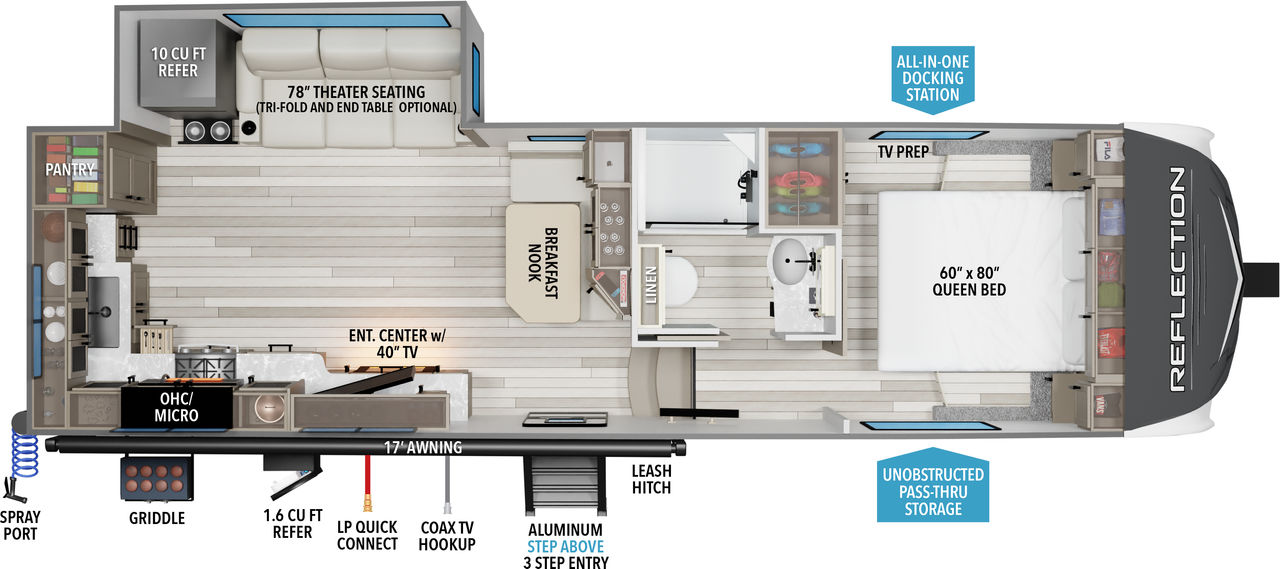 This Reflection Fifth Wheel features a rear kitchen, adjustable dinette and front bedroom with queen bed. 