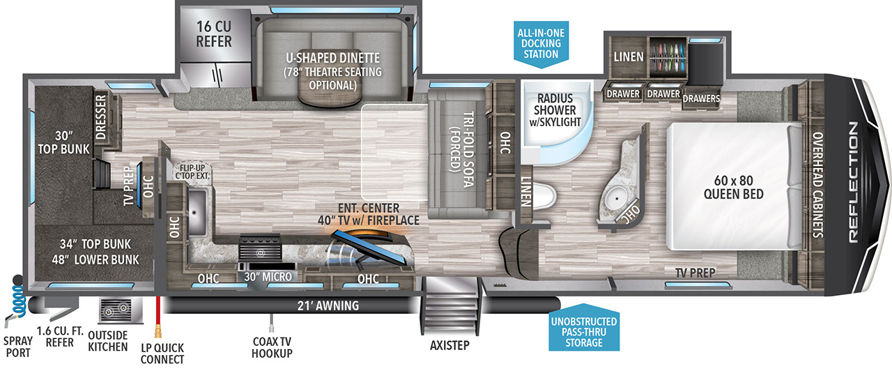 This Reflection Fifth Wheel features a rear bunk room, U-shaped dinette, mid kitchen and front bedroom with queen bed.