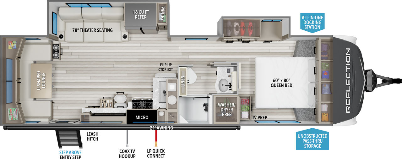 This Reflection Travel Trailer features a rear living area with mid kitchen, and front bedroom with queen bed.