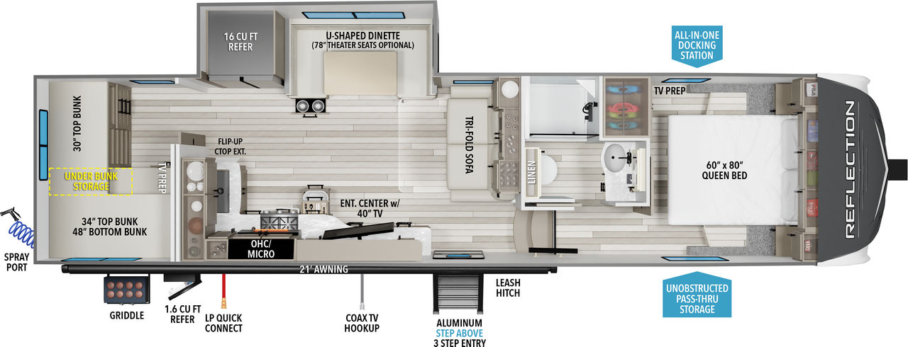 This Reflection Fifth Wheel features a rear bunkroom, mid kitchen, and front bedroom with queen bed. 