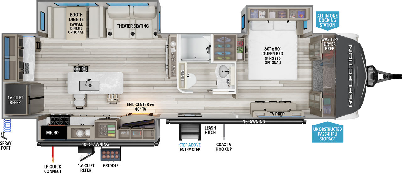 This Reflection Travel Trailer features a rear kitchen with booth dinette and front bedroom with queen bed.