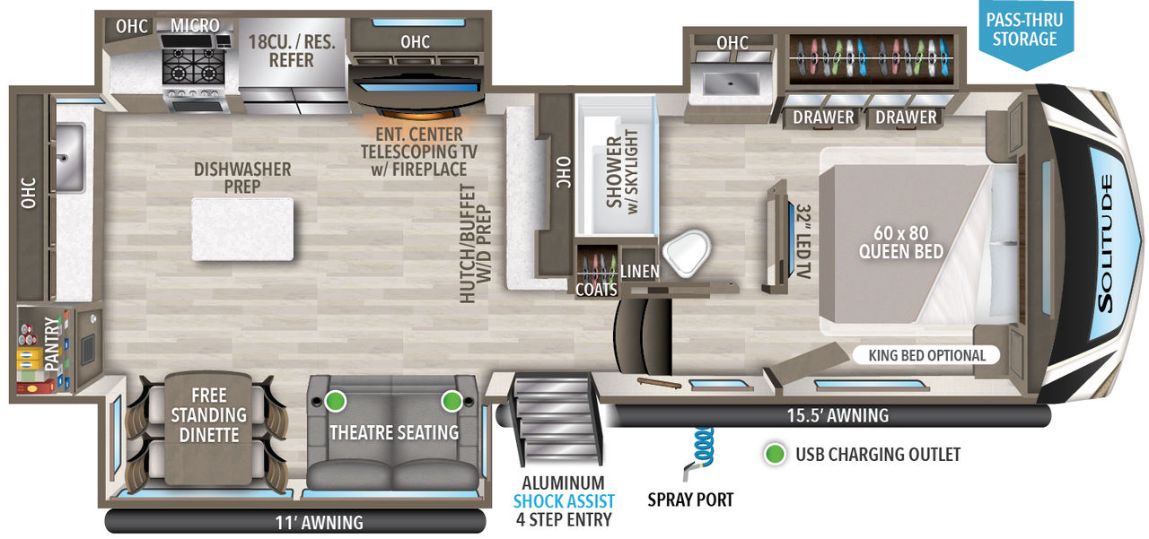 This Solitude Fifth Wheel features a rear kitchen and free standing dinette with front bedroom with queen bed. 