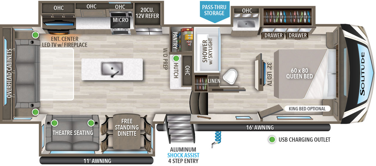 This Solitude Fifth Wheel features a rear living area, island with sink and front bedroom.