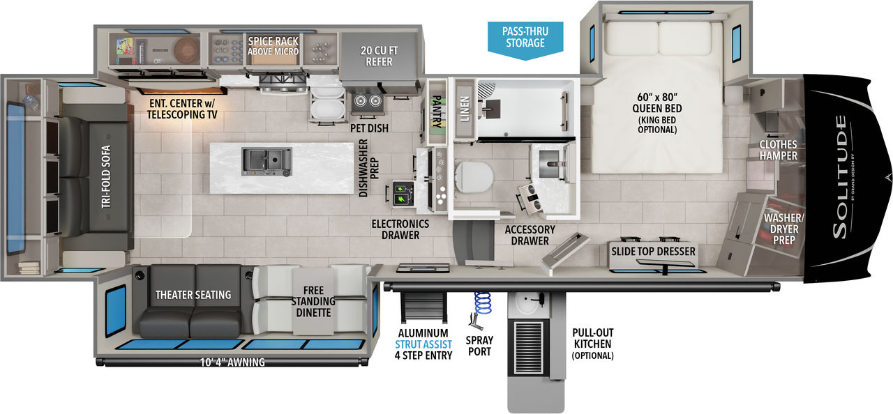 This Solitude Fifth Wheel features a rear living area, island with sink and front bedroom with walk in closet.