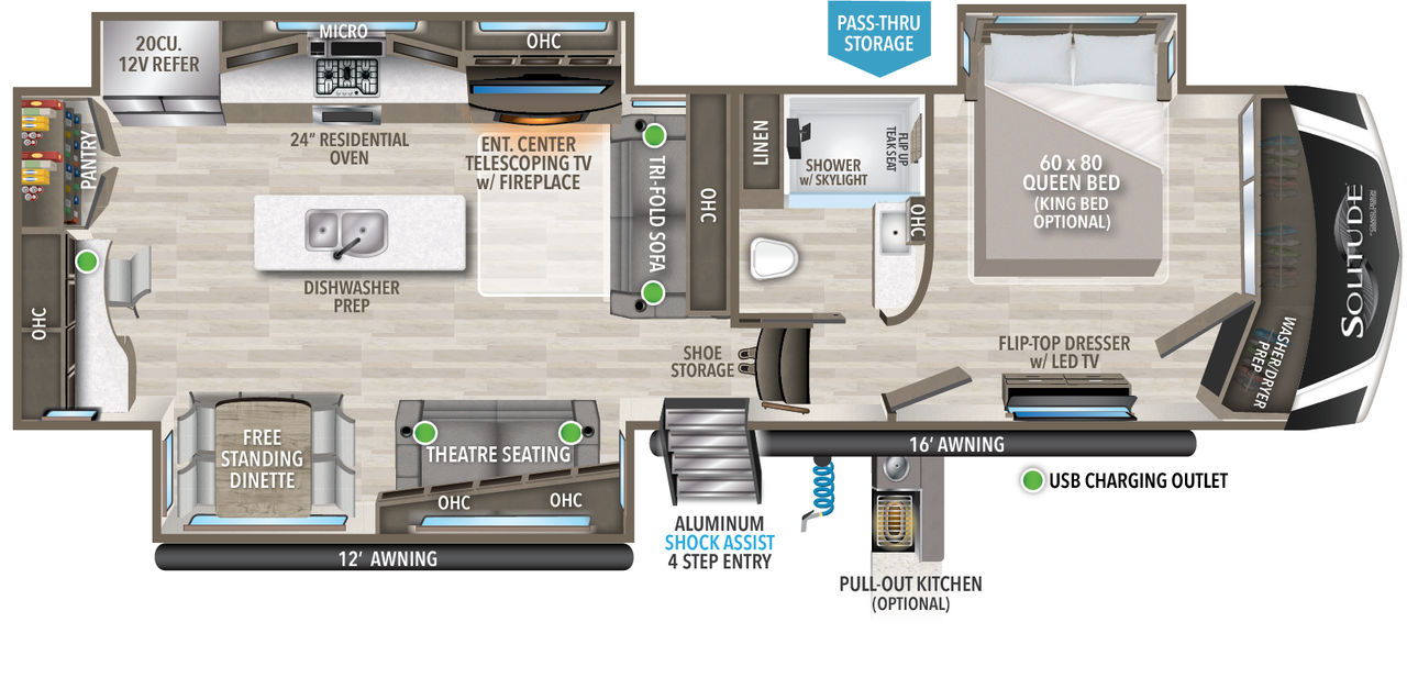 This Solitude Fifth Wheel features a rear kitchen, island with sink and front bedroom with walk in closet.