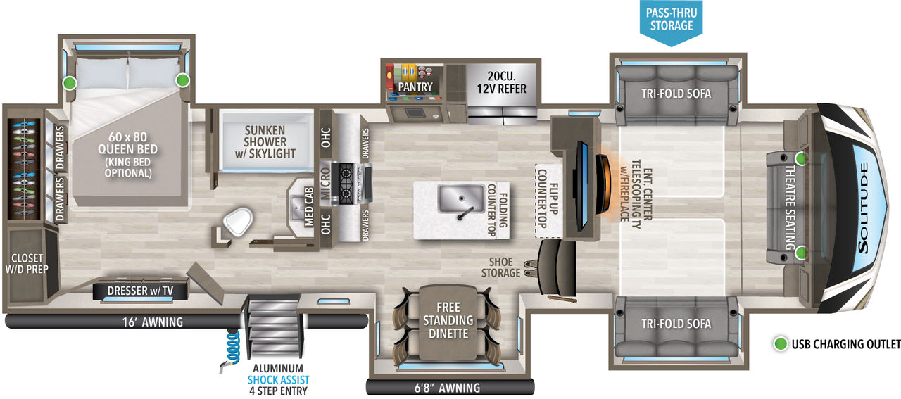 This Solitude Fifth Wheel features a rear bedroom, mid kitchen with island and sink, and front living/entertainment area. 