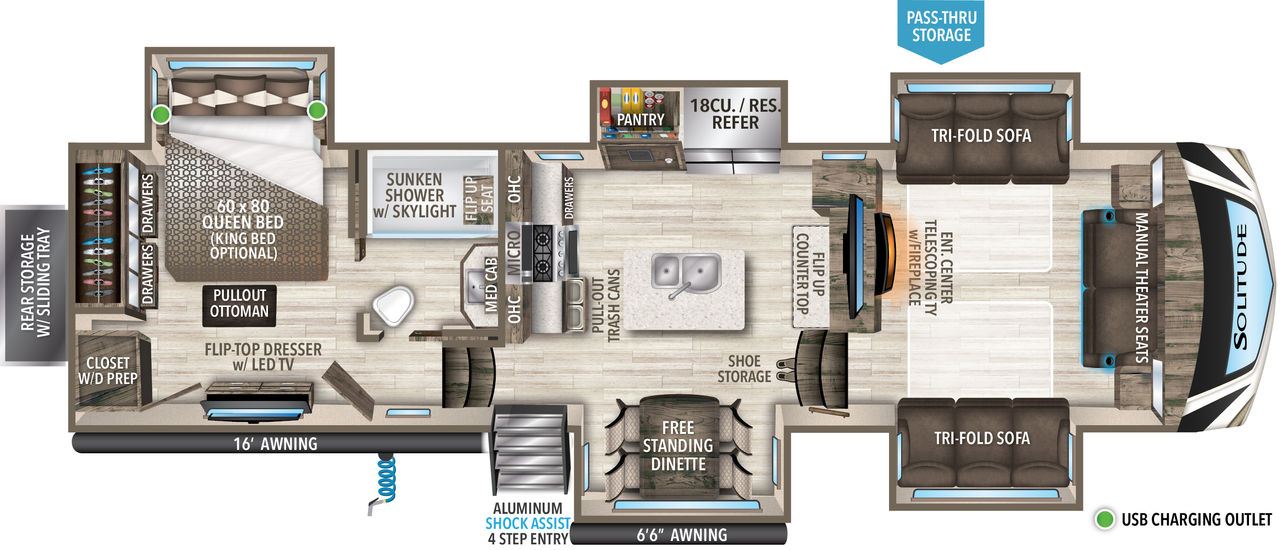 This Solitude Fifth Wheel features a rear bedroom, mid kitchen with island and sink, and front living/entertainment area. 