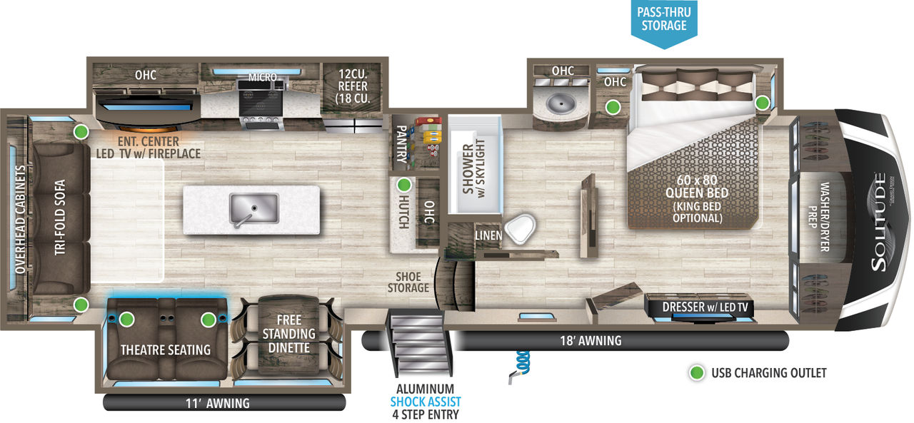 This Solitude Fifth Wheel features a rear living area, island with sink and front bedroom with walk in closet.