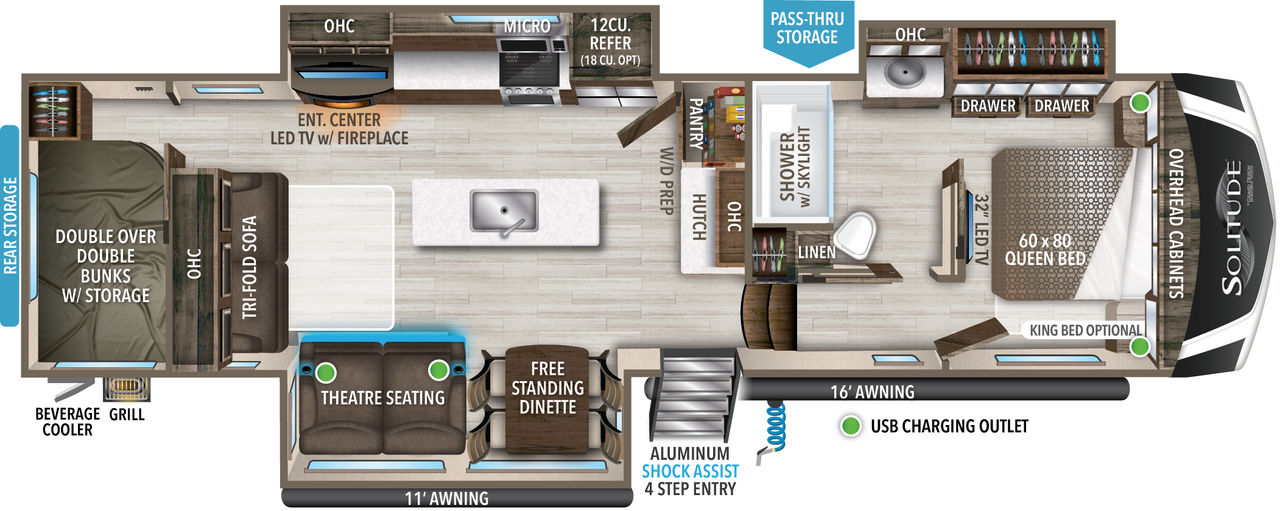 This Solitude Fifth Wheel features a rear bunkroom, mid kitchen with island and sink, and front bedroom with queen bed.  
