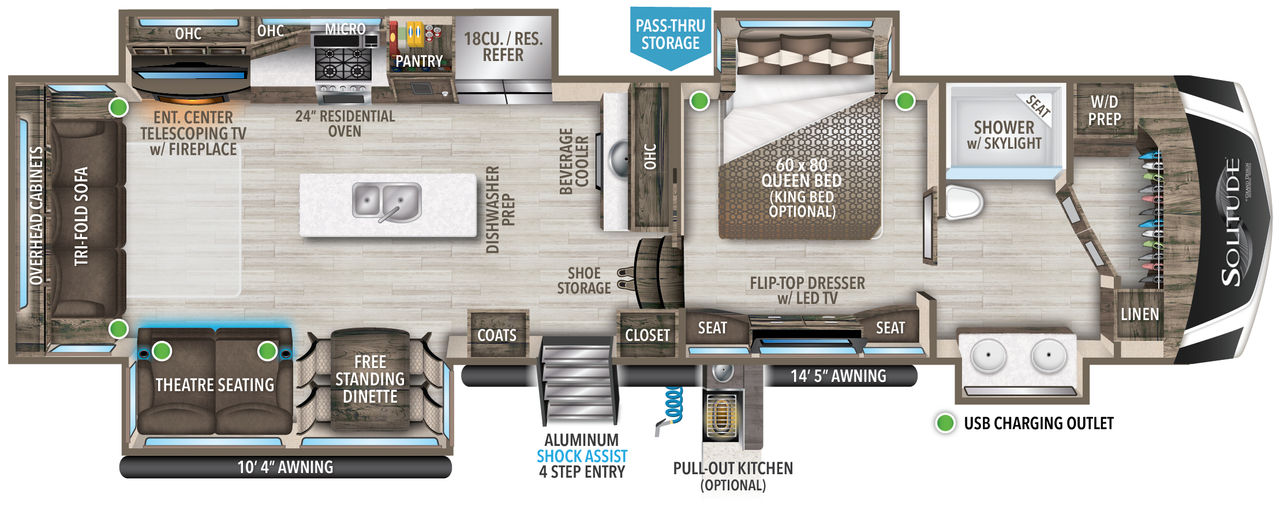 This Solitude Fifth Wheel features a rear living area, island with sink and front bathroom with walk in closet.