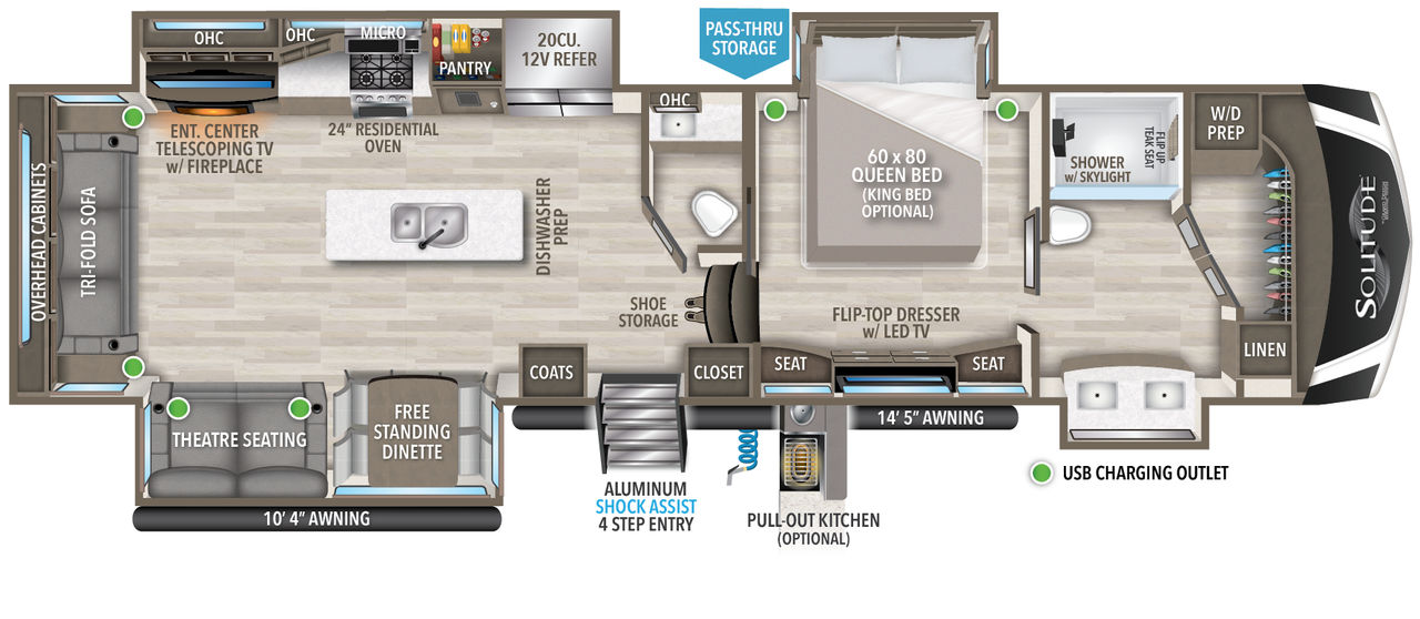 This Solitude Fifth Wheel features a rear living area, island with sink kitchen and front bathroom with walk in closet.