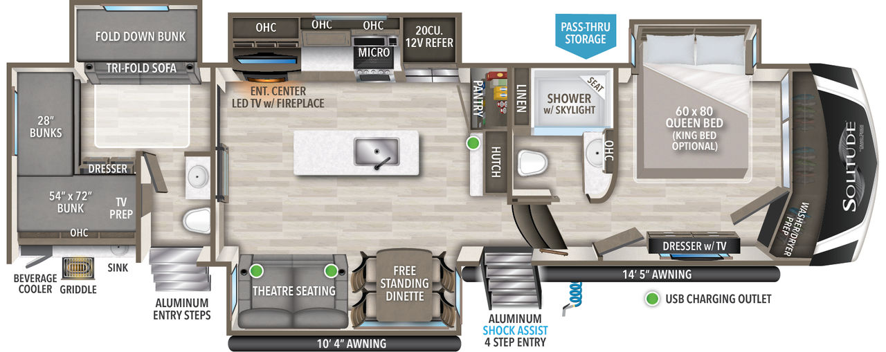 This Solitude Fifth Wheel features a rear bunk room, island with sink kitchen and front bedroom with walk in closet.