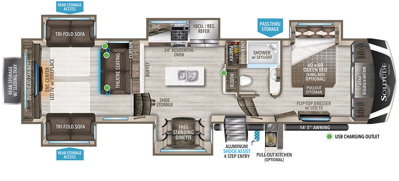 This Solitude Fifth Wheel features a rear living area, island with sink and front bedroom with walk in closet.