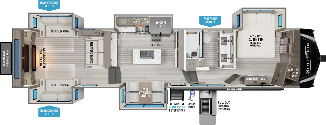 This Solitude Fifth Wheel features a rear living area, island with sink kitchen and front bedroom with walk in closet.