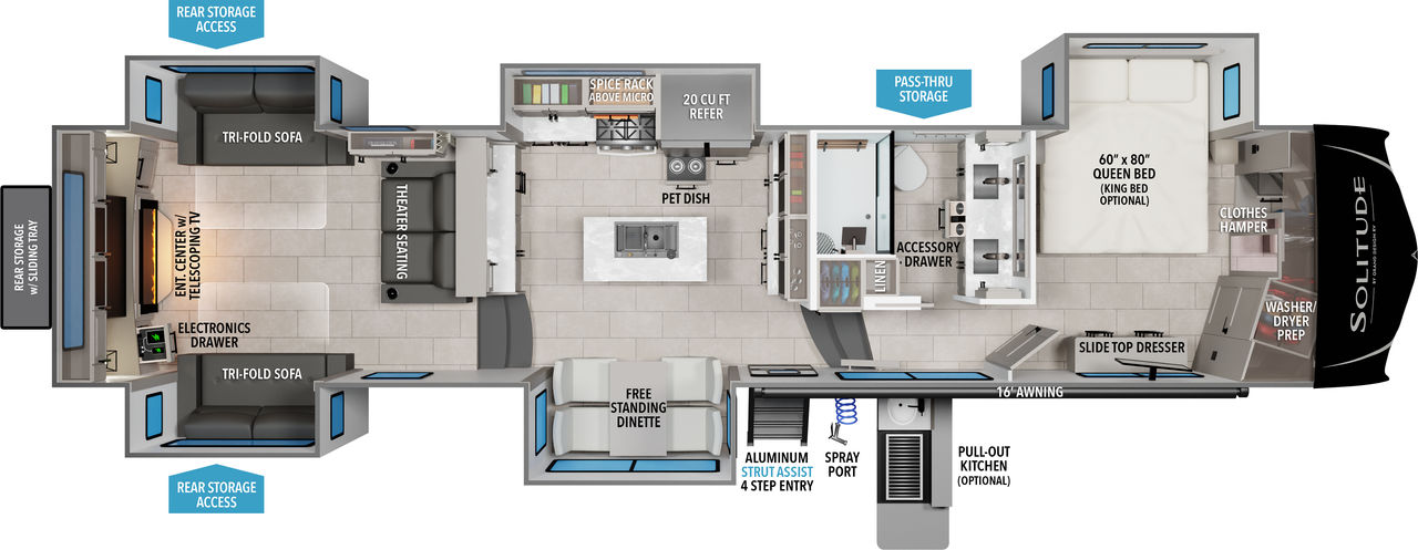 This Solitude Fifth Wheel features a rear living area, island with sink kitchen and front bedroom with walk in closet.