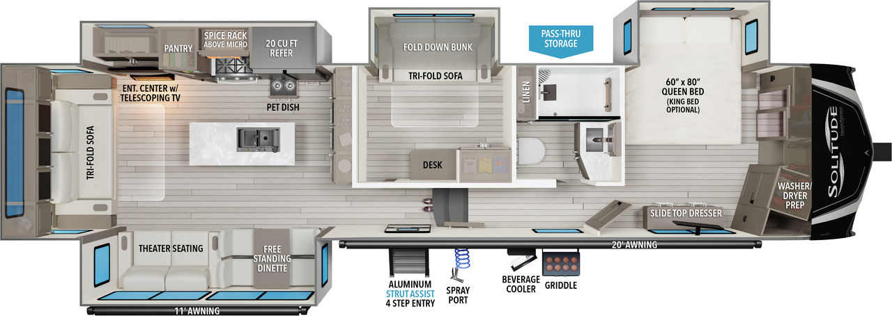 This Solitude Fifth Wheel features a rear living area, island with sink kitchen, separate sofa and bunk room with front bedroom and walk in closet.