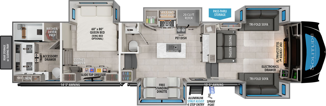 This Solitude Fifth Wheel features a rear bedroom, mid kitchen with island and sink, and front living/entertainment area. 