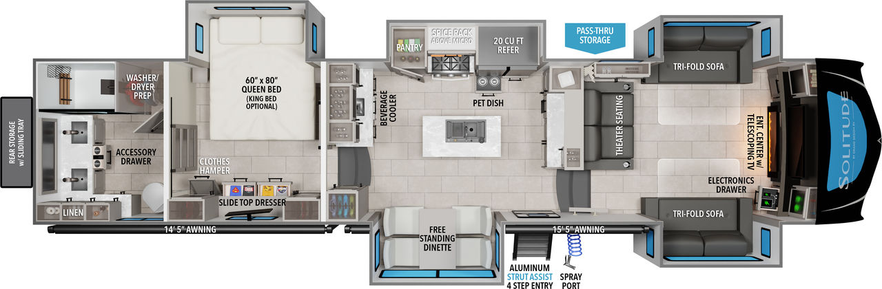 This Solitude Fifth Wheel features a rear bedroom, mid kitchen with island and sink, and front living/entertainment area. 