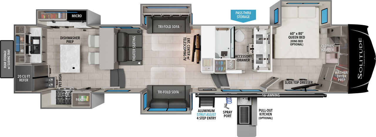 This Solitude Fifth Wheel features a rear kitchen, island with sink and front bedroom with walk in closet.