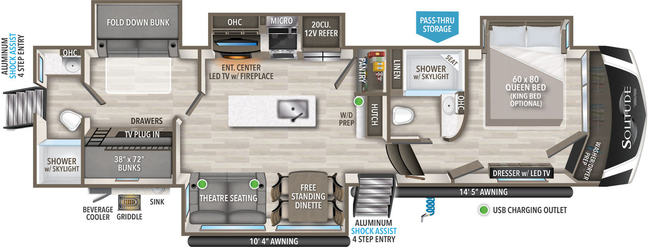 This Solitude Fifth Wheel features a rear bathroom with exterior door, island with sink kitchen and front bedroom with walk in closet.