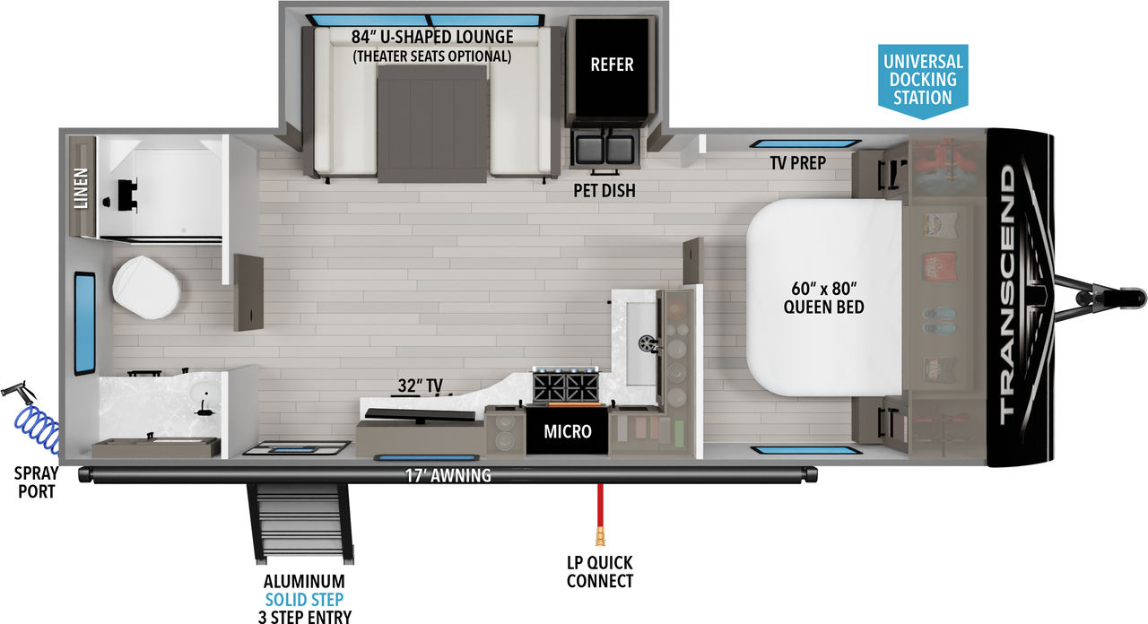 The Transcend Xplor 221RB features a rear bath, U-sharped Dinette, and Queen Bed