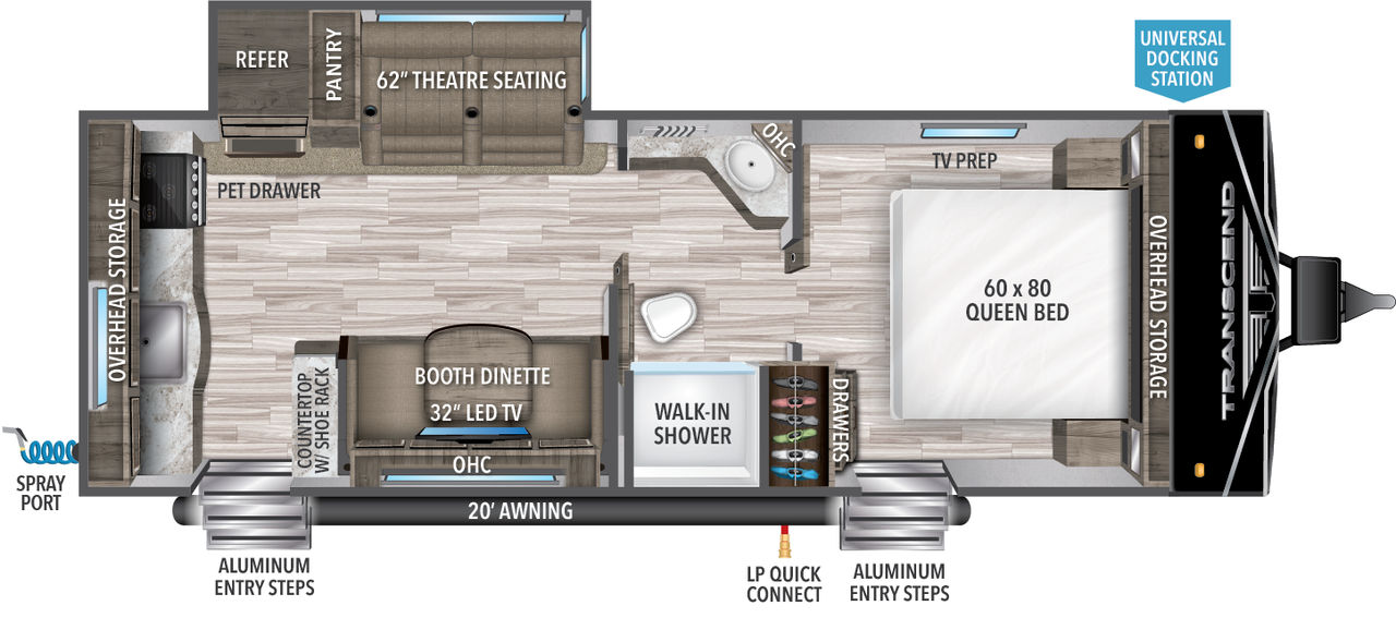 The Transcend Xplor 231RK Floorplan features a rear kitchen and both theater seating and a booth dinette.