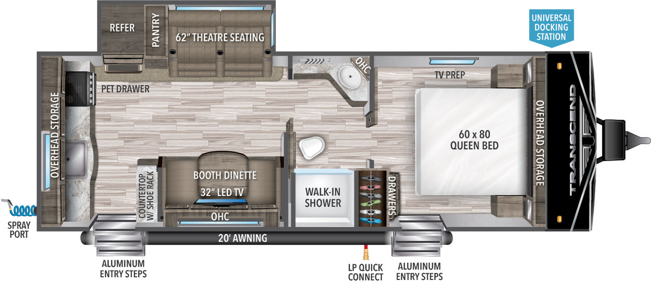The Transcend Xplor 231RK Floorplan features a rear kitchen and both theater seating and a booth dinette.