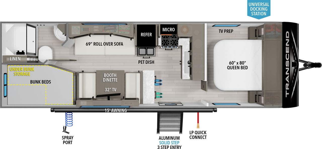 This travel trailer floorplan features a rear bunk beds with with mid living area and front Queen Bed.