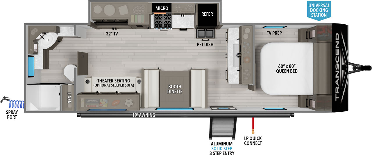 This travel trailer floorplan features a rear bathroom, mid living area/kitchen and front Queen Bed.