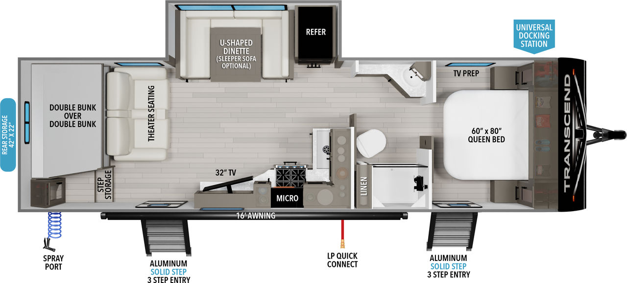 This travel trailer floorplan features a rear bunk beds with mid kitchen and front Queen Bed.