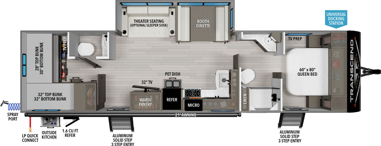 This travel trailer floorplan features a rear bunk room with booth dinette and front Queen Bed.